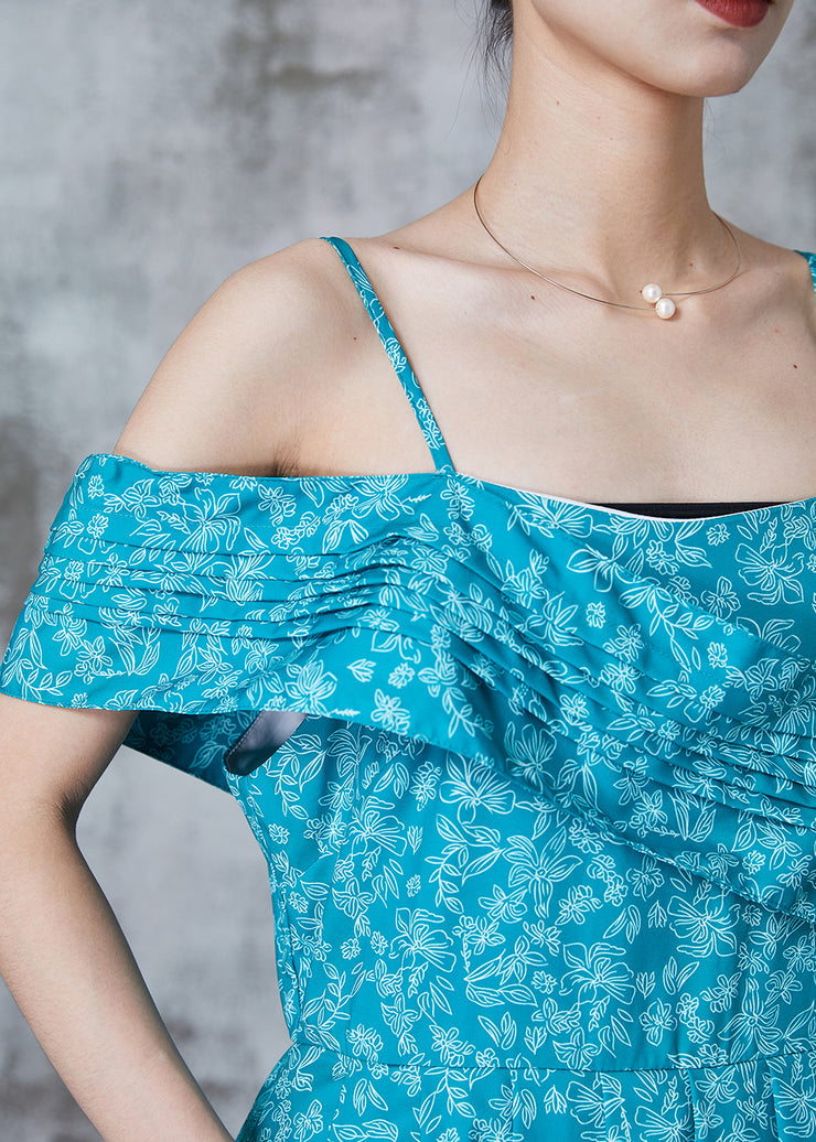 Chic Blue Asymmetrical Print Cotton Cami Dresses Summer
