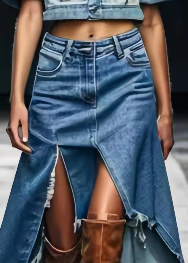 Chic Blue Asymmetrical Side Open Denim Skirts Summer