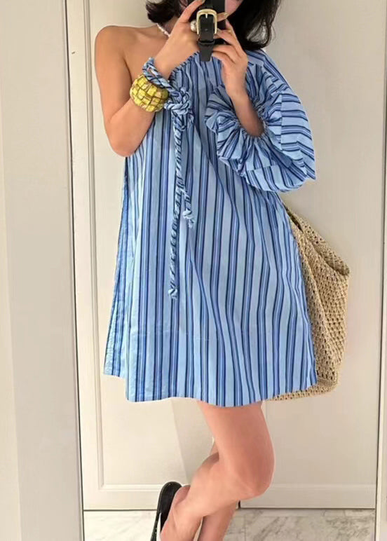 Chic Blue Asymmetrical Striped Cotton Mid Dress Long Sleeve