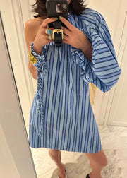 Chic Blue Asymmetrical Striped Cotton Mid Dress Long Sleeve