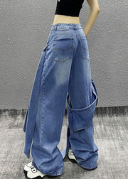 Chic Blue Bow Pockets High Waist Denim Pants Summer