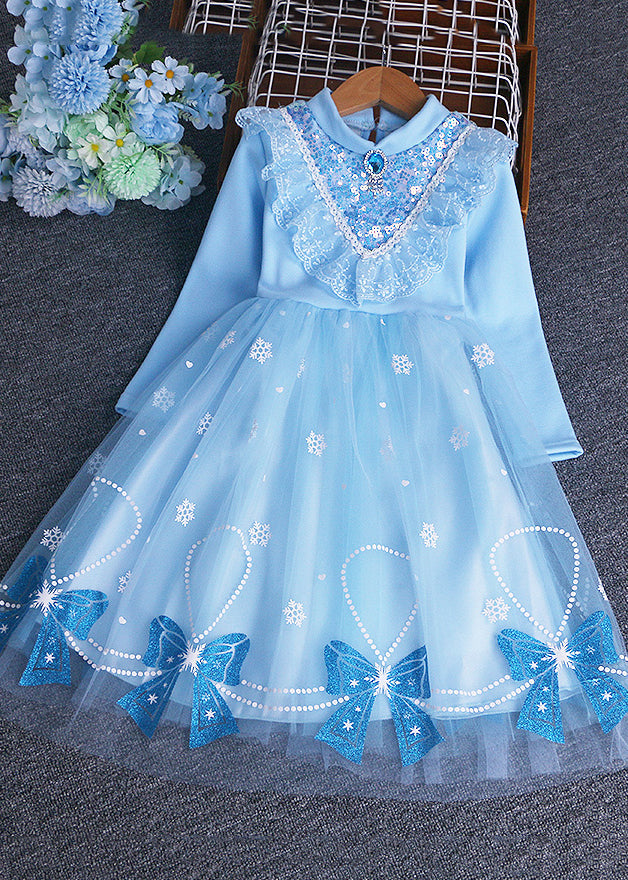 Chic Blue Bow Sequins Patchwork Warm Fleece Baby Girls Dress Winter