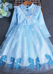 Chic Blue Bow Sequins Patchwork Warm Fleece Baby Girls Dress Winter