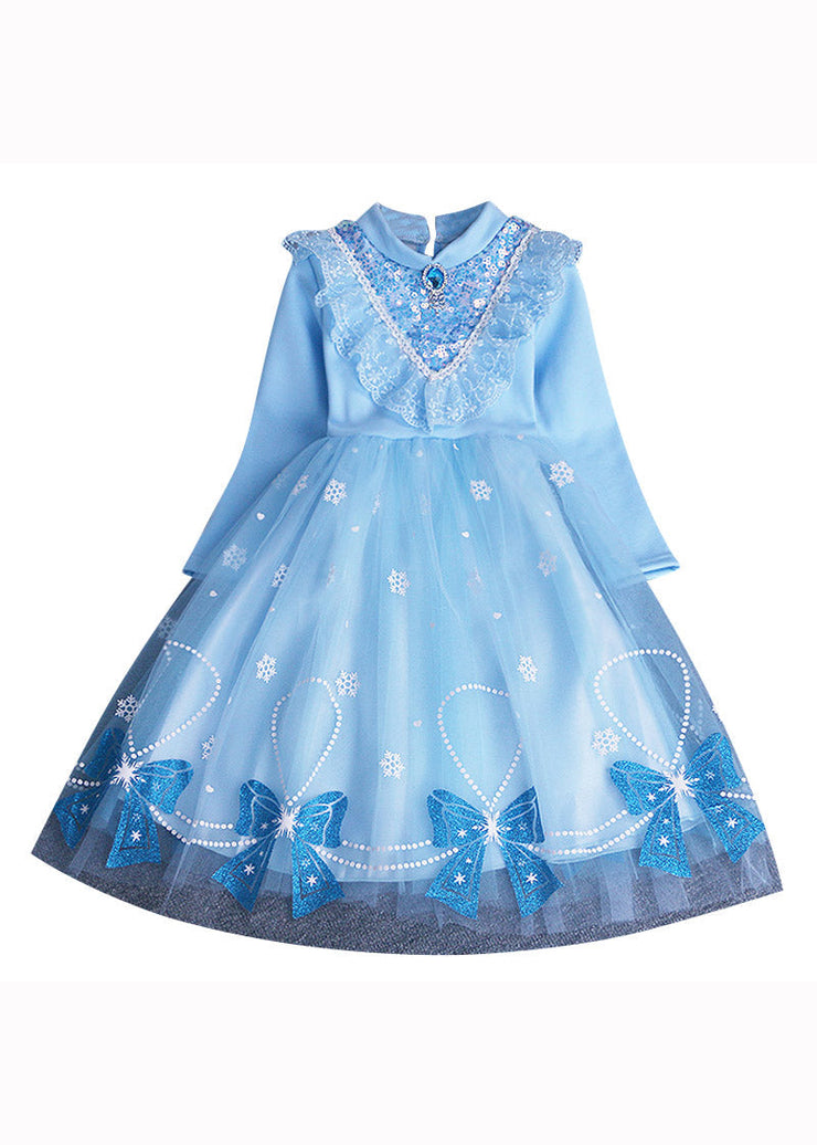 Chic Blue Bow Sequins Patchwork Warm Fleece Baby Girls Dress Winter