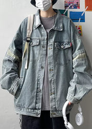 Chic Blue Button Pockets Patchwork Mens Coats Spring