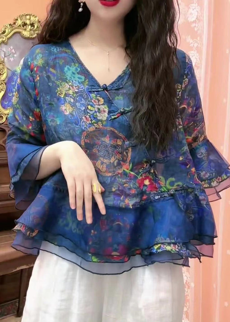 Chic Blue Button Print Tulle Patchwork Blouses Flare Sleeve