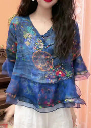 Chic Blue Button Print Tulle Patchwork Blouses Flare Sleeve