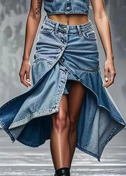 Chic Blue Button Side Open High Waist Denim Skirts Summer