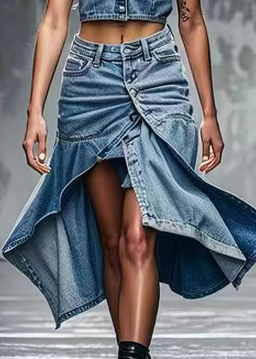 Chic Blue Button Side Open High Waist Denim Skirts Summer