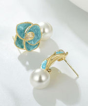 Chic Blue Copper Alloy Pearl Enamel Floral Drop Earrings