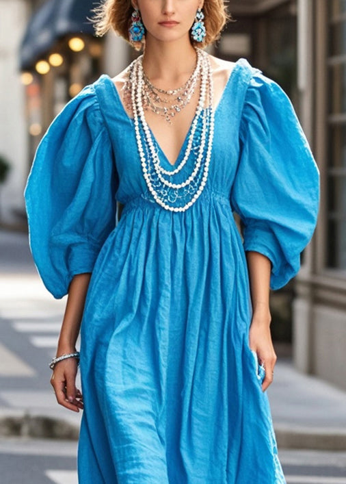 Chic Blue Cotton Holiday Dress V Neck Puff Sleeve