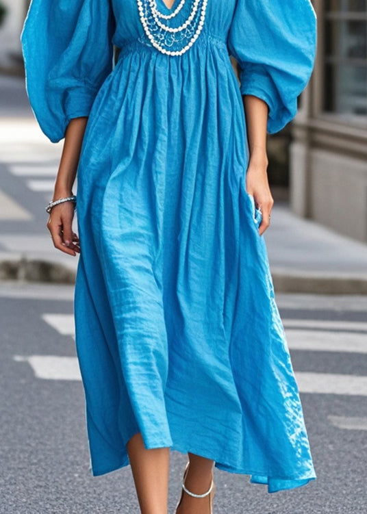 Chic Blue Cotton Holiday Dress V Neck Puff Sleeve