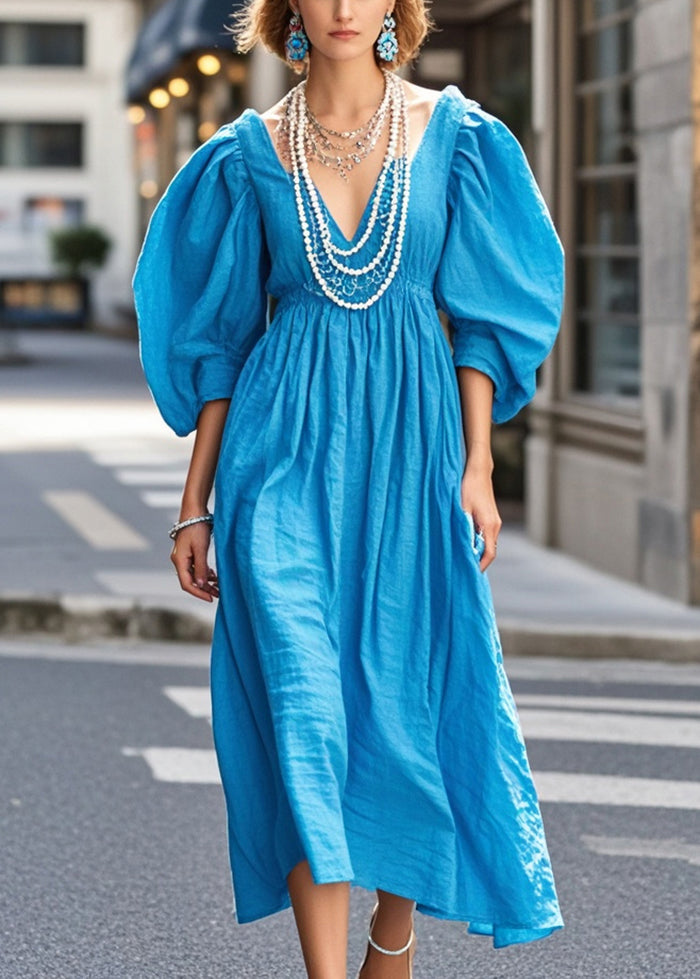 Chic Blue Cotton Holiday Dress V Neck Puff Sleeve