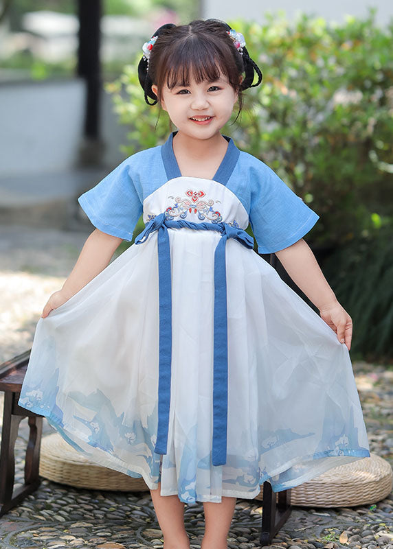 Chic Blue Embroidered Patchwork Cotton Baby Girls Dress Summer