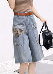 Chic Blue Floral High Waist Sashes Denim Crop Pants Summer