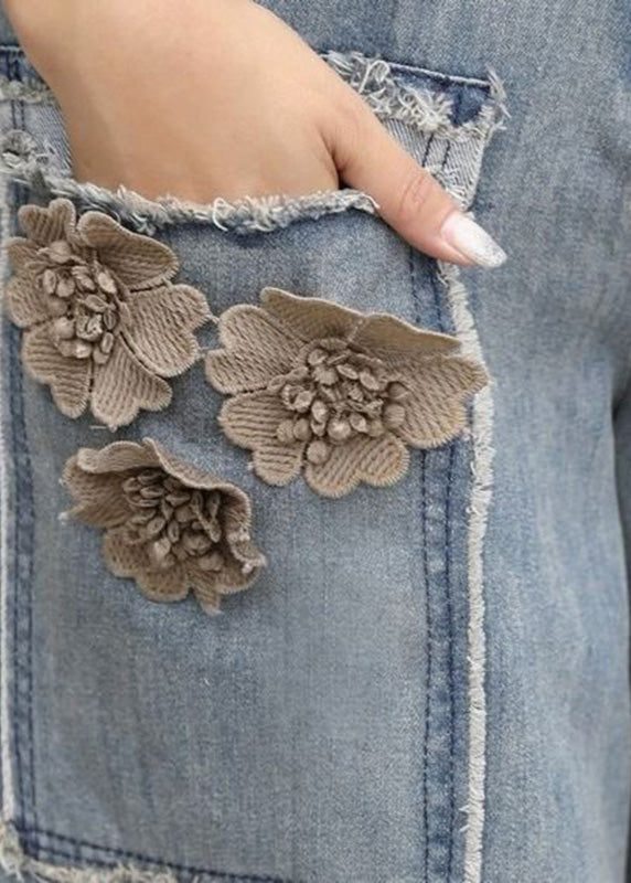 Chic Blue Floral High Waist Sashes Denim Crop Pants Summer