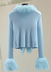 Chic Blue Fur Collar Patchwor Solid Cotton Knit Sweater Winter