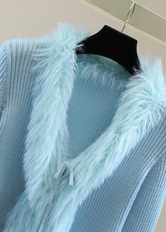 Chic Blue Fur Collar Patchwor Solid Cotton Knit Sweater Winter