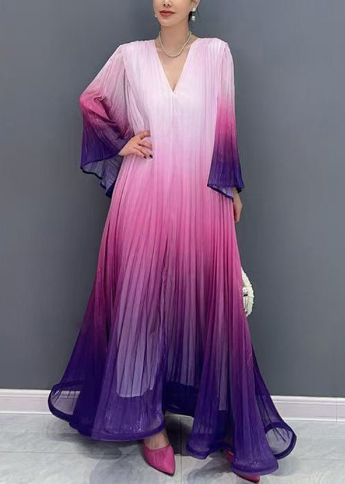 Chic Blue Gradient Color V Neck Wrinkled Long Dress Flare Sleeve