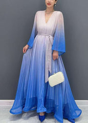 Chic Blue Gradient Color V Neck Wrinkled Long Dress Flare Sleeve