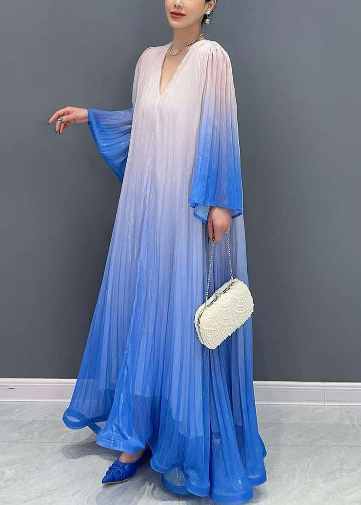 Chic Blue Gradient Color V Neck Wrinkled Long Dress Flare Sleeve