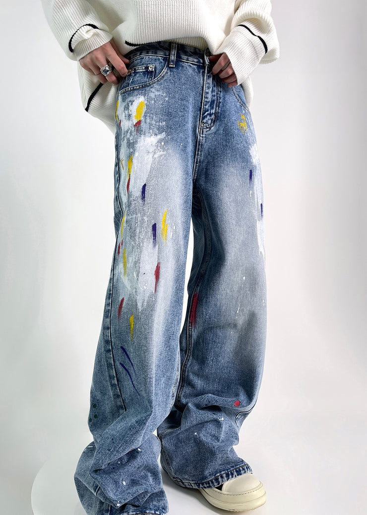 Chic Blue Graffiti High Waist Denim Men Pants Fall