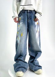 Chic Blue Graffiti High Waist Denim Men Pants Fall