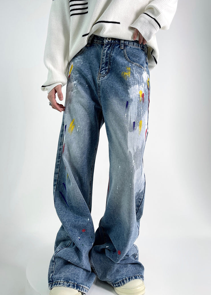 Chic Blue Graffiti High Waist Denim Men Pants Fall