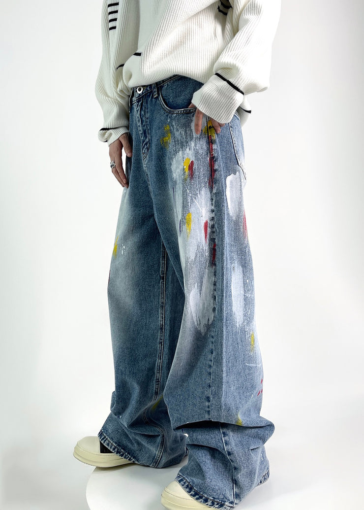 Chic Blue Graffiti High Waist Denim Men Pants Fall