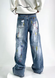 Chic Blue Graffiti High Waist Denim Men Pants Fall