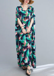 Chic Blue Green V Neck Print Cotton Party Maxi Dress Summer