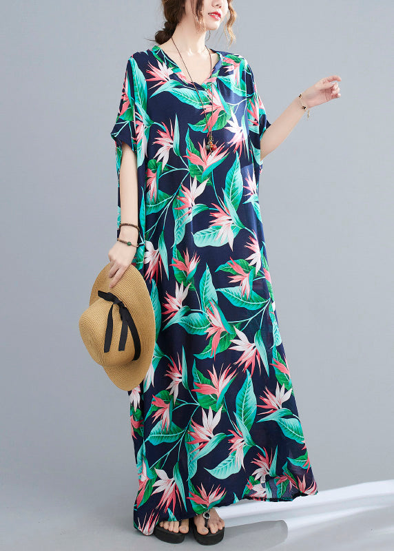 Chic Blue Green V Neck Print Cotton Party Maxi Dress Summer