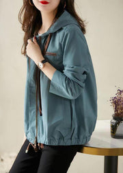 Chic Blue Grey Hooded Zippered Pockets Cotton Coats Fall