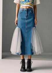 Chic Blue High Waist Patchwork Tulle Denim Wraped Skirts Spring