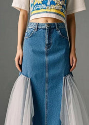 Chic Blue High Waist Patchwork Tulle Denim Wraped Skirts Spring