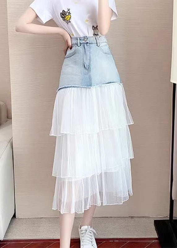 Chic Blue High Waist Tulle Patchwork Denim A Line Skirt