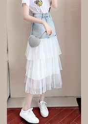 Chic Blue High Waist Tulle Patchwork Denim A Line Skirt