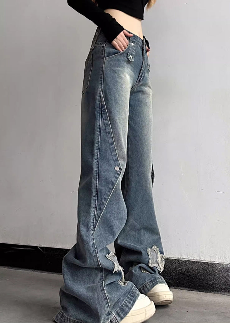 Chic Blue Hole High Waist Denim Flare Bottoms Fall