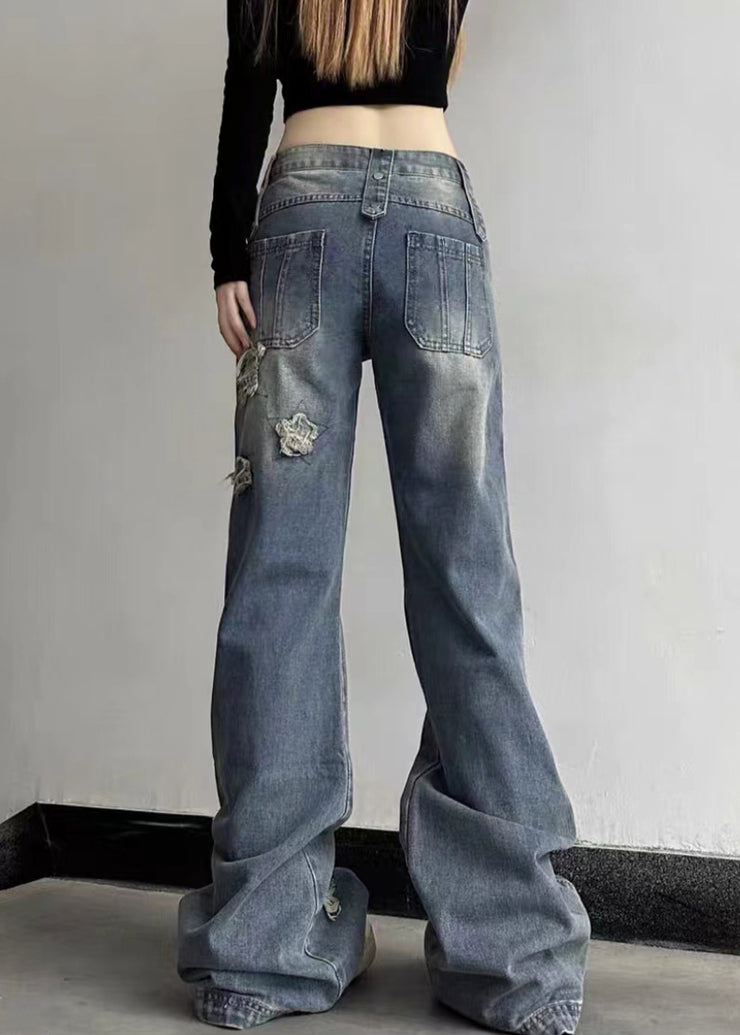 Chic Blue Hole High Waist Denim Flare Bottoms Fall