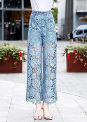 Chic Blue Lace Hollow Out Pockets Denim Crop Pants Summer