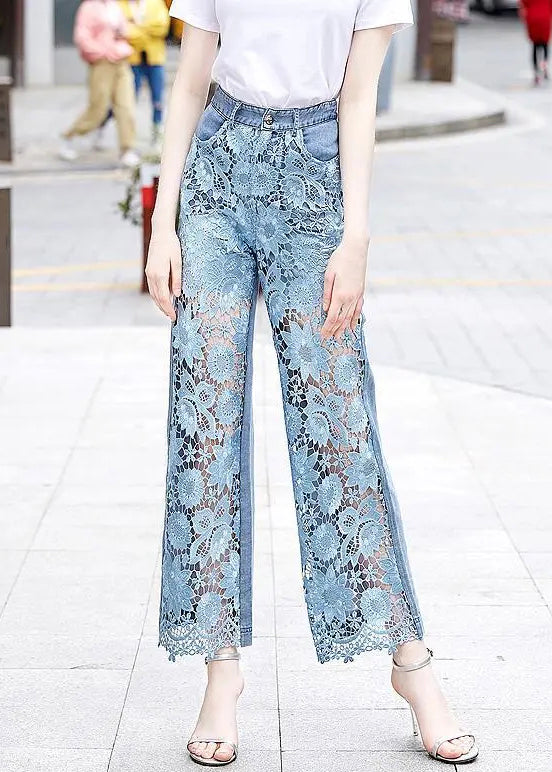 Chic Blue Lace Hollow Out Pockets Denim Crop Pants Summer