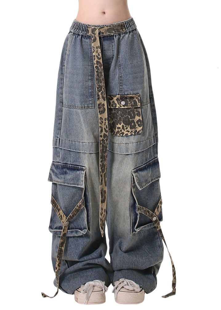 Chic Blue Leopard Pockets Lace Up Patchwork Denim Pants Spring