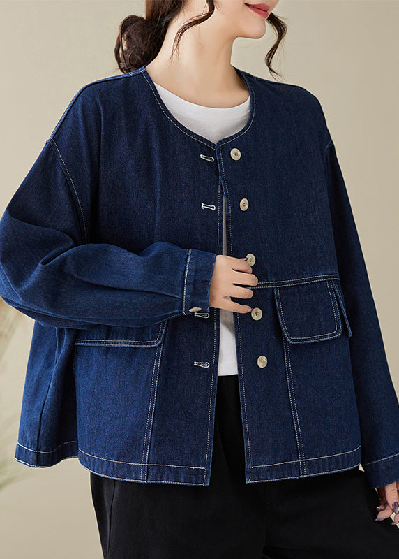 Chic Blue O Neck Button Plus Size Denim Coats Spring