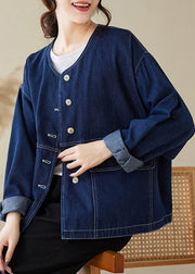 Chic Blue O Neck Button Plus Size Denim Coats Spring