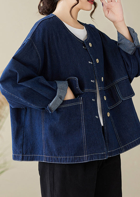 Chic Blue O Neck Button Plus Size Denim Coats Spring