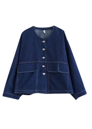 Chic Blue O Neck Button Plus Size Denim Coats Spring