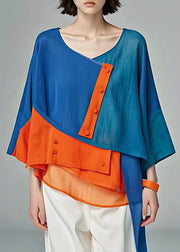 Chic Blue O-Neck Patchwork Button Top Fall