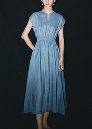 Chic Blue O-Neck Patchwork Linen Long Dresses Summer