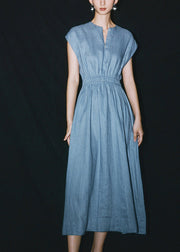 Chic Blue O-Neck Patchwork Linen Long Dresses Summer