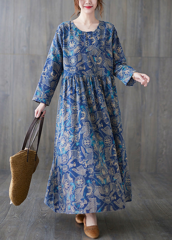 Chic Blue O-Neck Print Patchwork Long Dress Summer